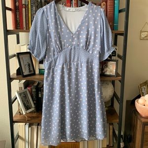 Vintage Inspired Pale Blue Polkadot 40’s Silhouette Day Dress
